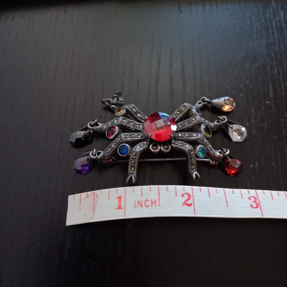 Sterling Silver Marcasite Multicolor Crystal Spider Brooch Vintage Whimsigoth